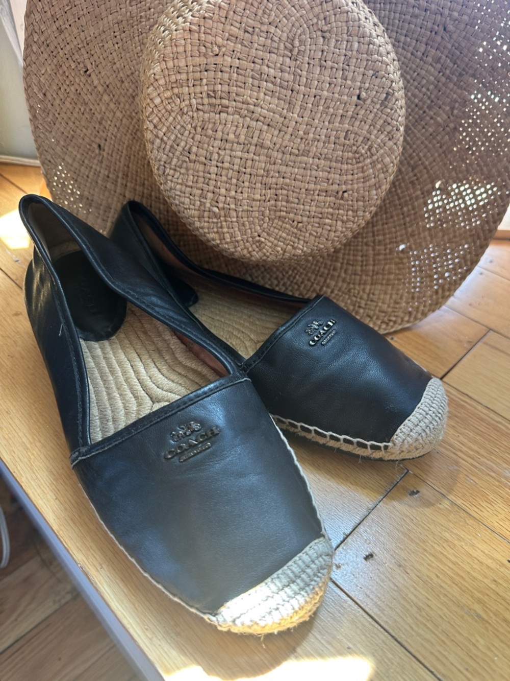 Coach Black Leather Espadrille Flats with Jute Toe